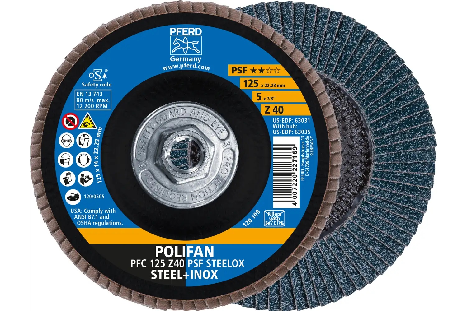 Picture of Pferd Flap Disc, 5" x 5/8-11, Z PSF Steelox, 40 Grit, T29, Conical, Zirconia